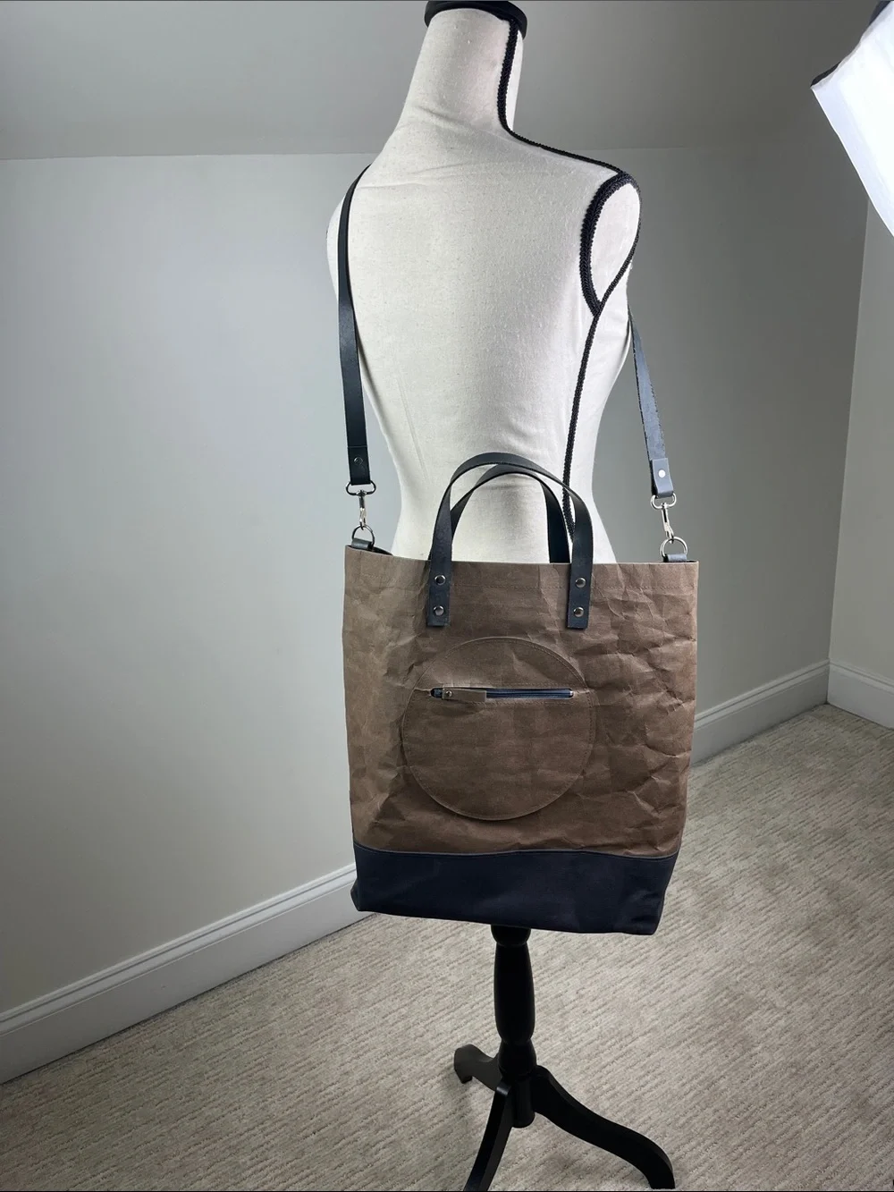 Washable Kraft Paper Tote Bag Brown Black Laptop Work Shoulder Carryall